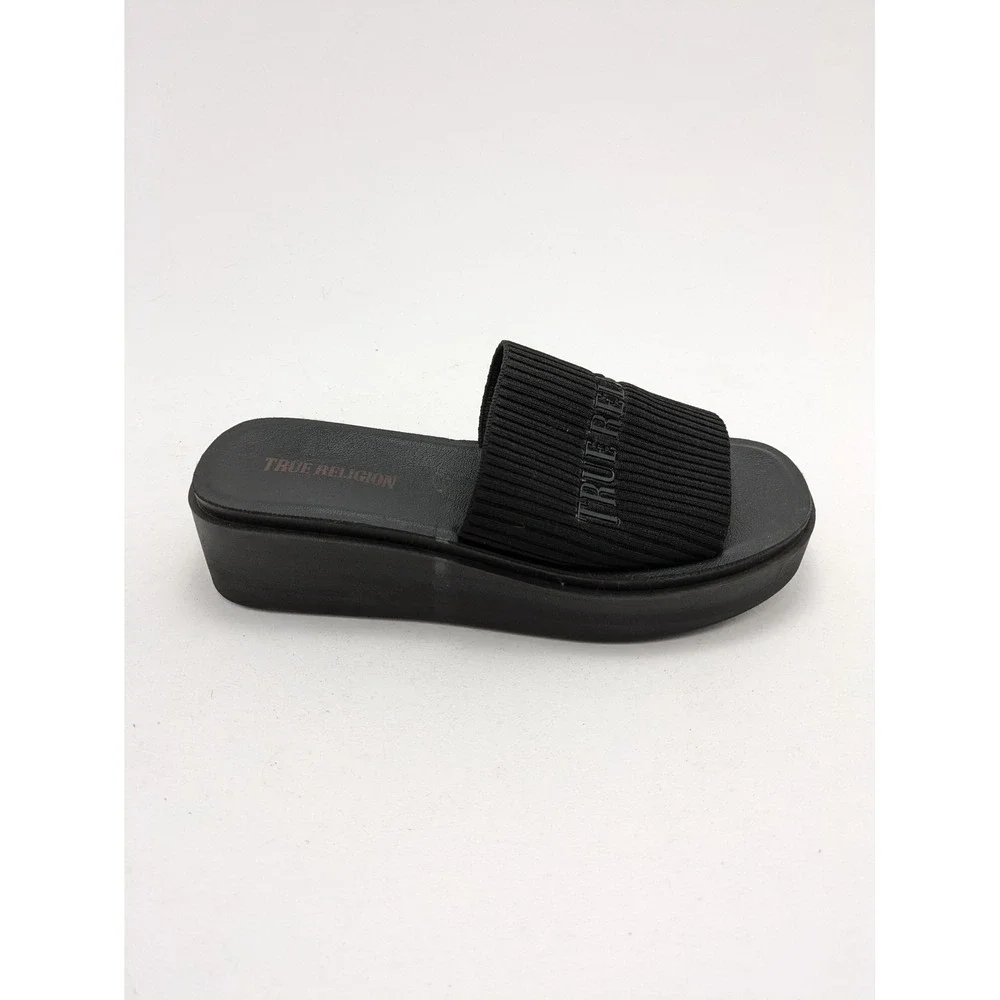 Womens True Religion Jann Black‎ Slip On Mules Fabric Platform Sandals Size 8